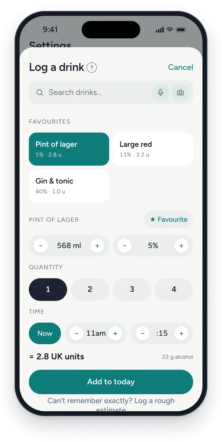 The Log a drink sheet with favourites, a pint of lager selected, and 2.8 UK units worked out.