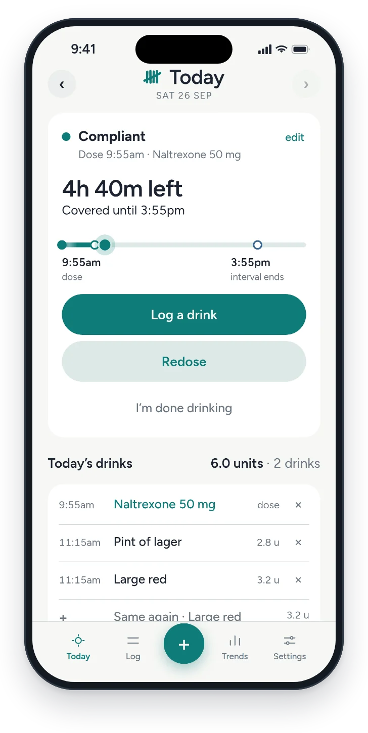 The Today screen in Tallyglass: a dose logged, the time left in the interval, and tonight's drinks.